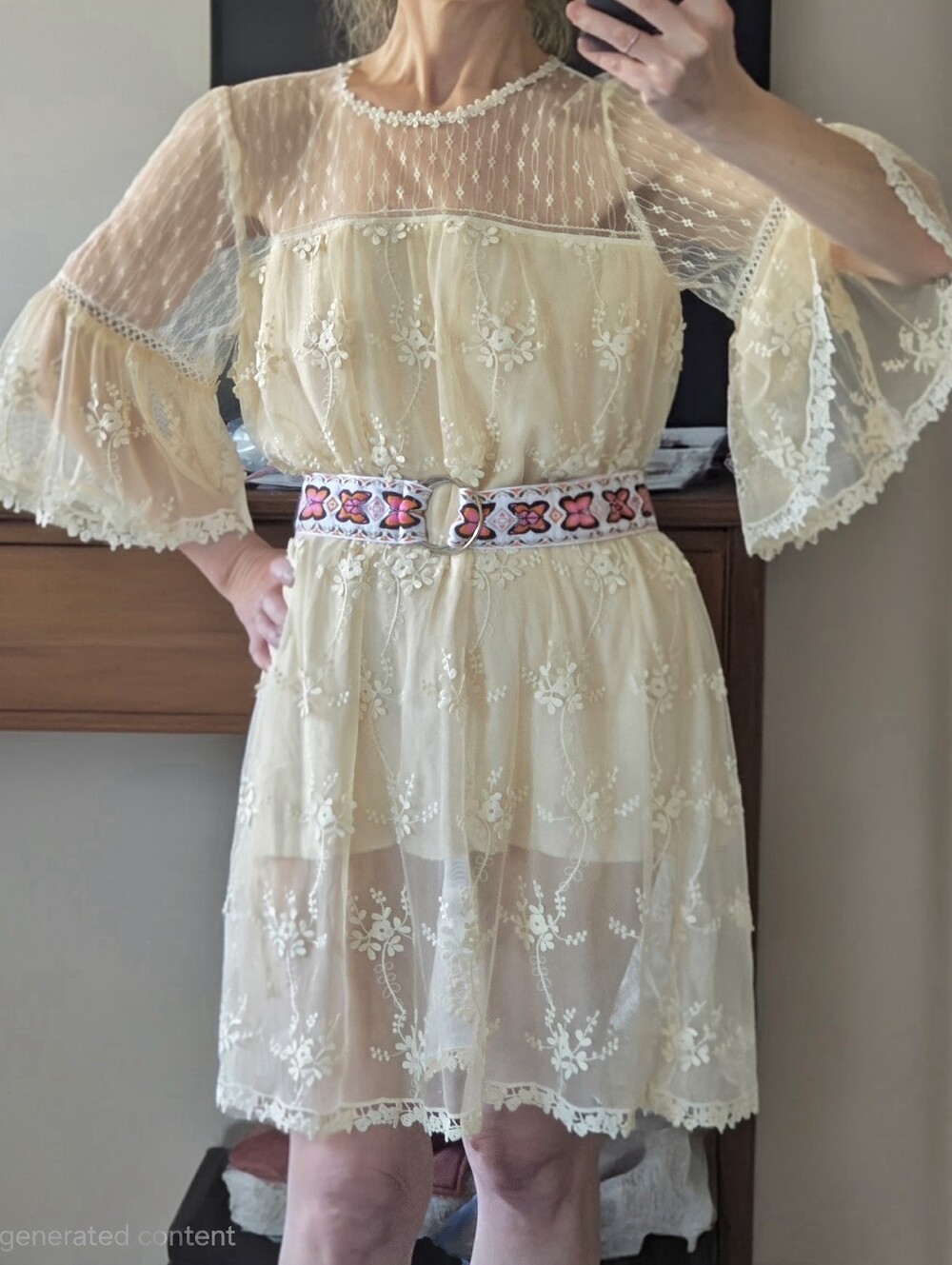 POL Sheer Ivory Lace Floral Embroidered Overlay Dress With Belle Sleeves Sz S - Picture 16 of 16
